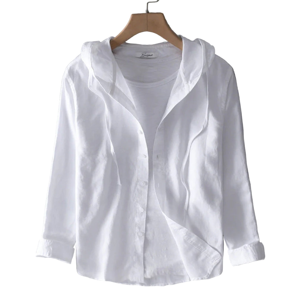 White button-front blouse with a relaxed fit and structured silhouette for everyday comfort.