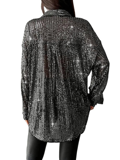 Sequined Loose  Long Sleeve Shirt