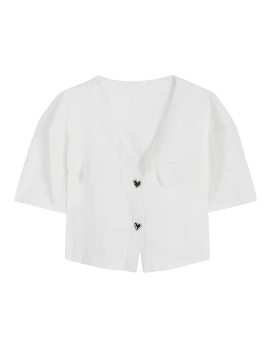 V-Neck Short Sleeve Shirt with Heart-Shaped Buttons