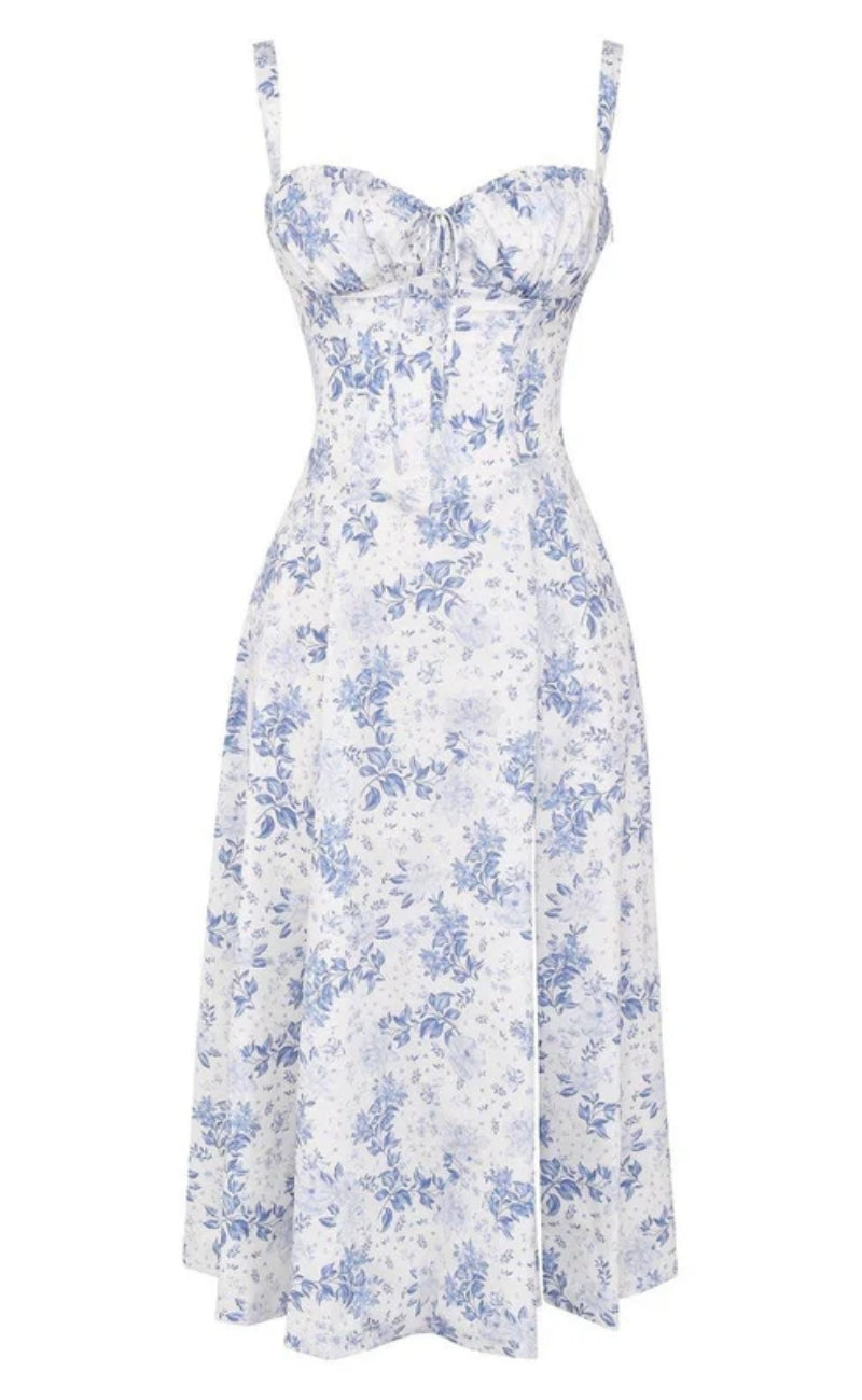 Women’s Floral Print Corset Midi Dress | Ruched Bust